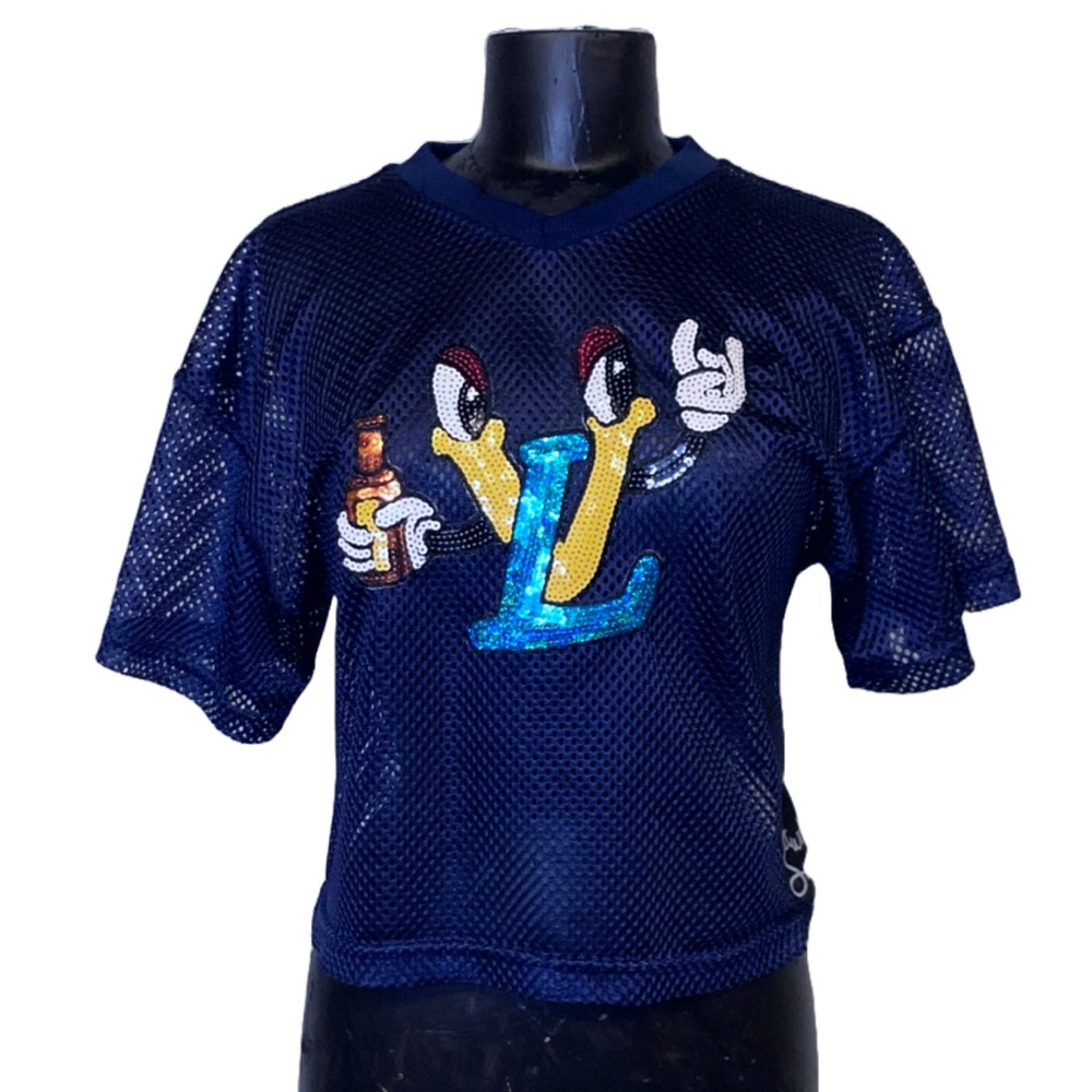 Upcycled Blue Mesh Graphic Top